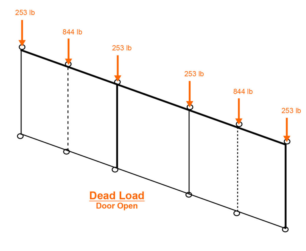 Technical specifications and diagram of the dead load for an open hydraulic door