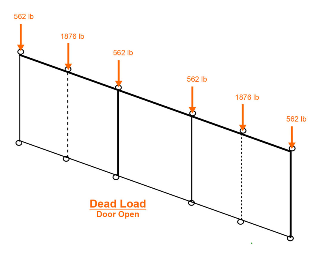 Technical specifications and diagram of the dead load for an open sliding hydraulic door